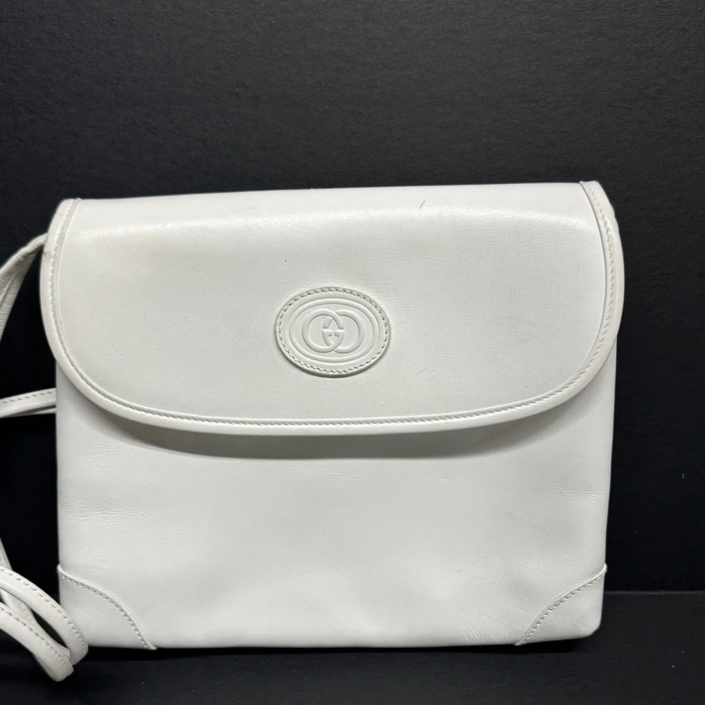 Gucci Purse Shoulder Bag Italian Leather Square White Gold Vintage With Dustbag - Picture 3 of 17